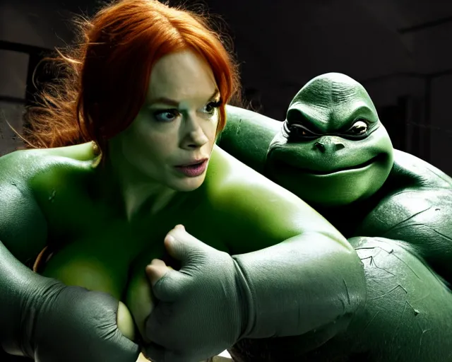 Prompt: christina hendricks and sofia vergara wrestling in a vat of mutagen from teenage mutant ninja turtles, unreal engine, hyper realism, realistic shading, dramatic lighting, cinematic composition, blender render, sharp focus, octane render, hdr, 4 k, 8 k, detailed textures, artstation, photorealistic, 3 5 mm film