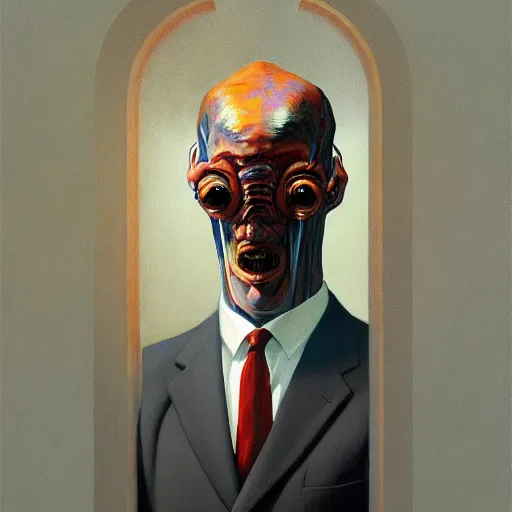 Prompt: Portrait of a man wearing a business suit with an insect head, very coherent, painted by Edward Hopper, Wayne Barlowe, painted by James Gilleard, airbrush, art by JamesJean