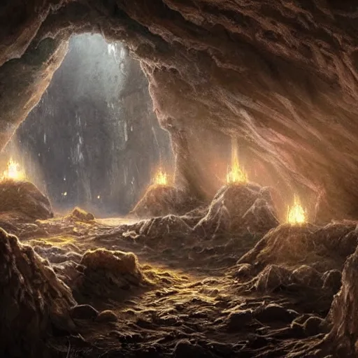 Prompt: beautiful matte painting of a cave with glowing crystals on the walls and bone piles on the floor, fantasy, sharp focus