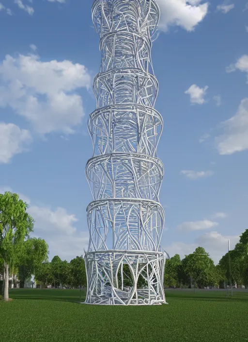 Image similar to highly detailed realistic architecture 3 d render of a stele shukhov tower standing in a city park, archdaily, made in unreal engine 4 octane render