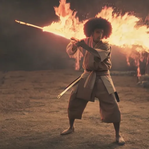 Image similar to cinematic film still of J Cole starring as a Samurai holding fire, Japanese CGI, VFX, 2022, 40mm lens, shallow depth of field,film photography