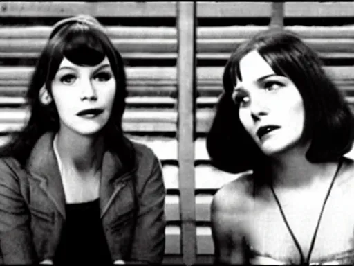 Prompt: film still of a beautiful beatnik girl staring into space, anna karina, mary louise parker, vintage fashion