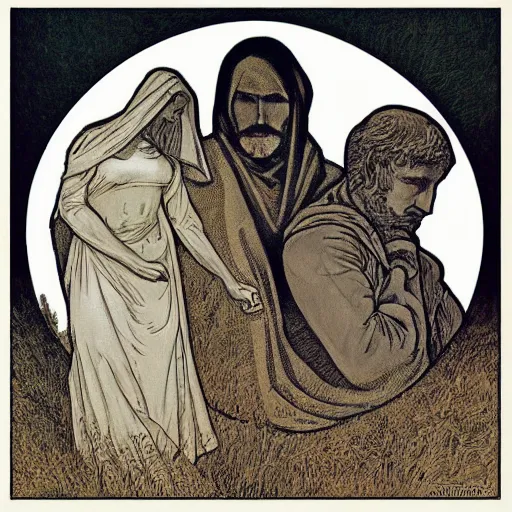 Prompt: the angelus by jean francois millet, division bell album cover, in the style of alfons mucha, in the style of ralph mcquarrie, in the style of francois schuiten