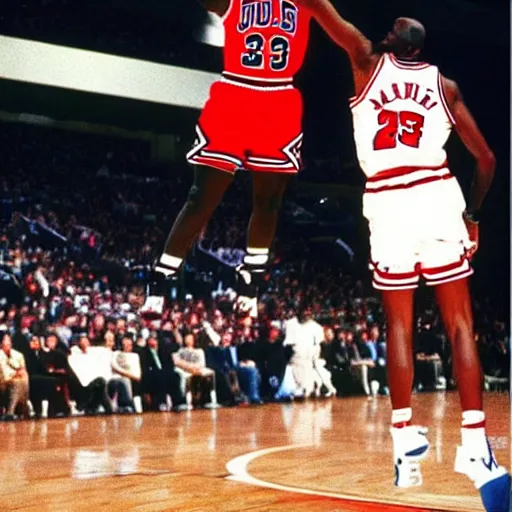 Image similar to jfk dunking on michael jordan. 1990s.