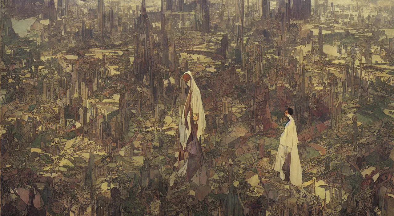 Image similar to A beautiful landscape painting of dystopian london by Alfons Maria Mucha and Yoshitaka Amano and richard dadd