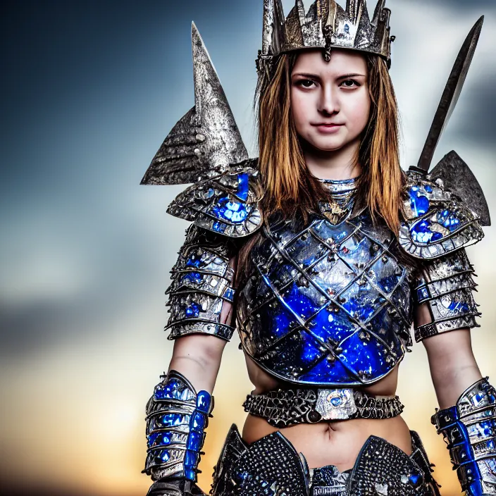 Image similar to full length photo of a cute beautiful warrior queen wearing sapphire encrusted armour, highly detailed, 4 k, hdr, smooth, sharp focus, high resolution, award - winning photo