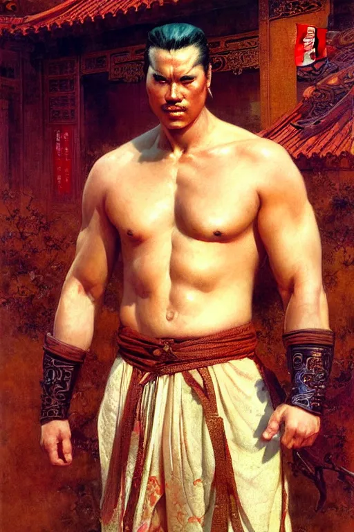 Image similar to wuxia, beefy male, character design, ancient china, colorful, painting by gaston bussiere, craig mullins, j. c. leyendecker, tom of finland