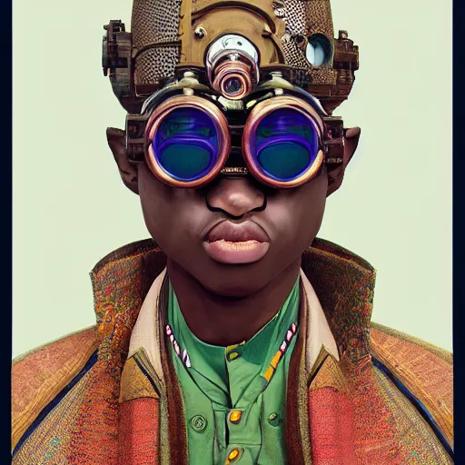 Image similar to colourful vfx upper half - portrait - art of a nigerian boywearing steam punk goggles, art by utagawa kunisada, james jean & alphonse mucha, symmetrical, intricate detail, concept art, volumetric light, ray tracing, caricature, digital illustration, octane 3 d render, unreal engine, sharp, pinterest, behance, art station,