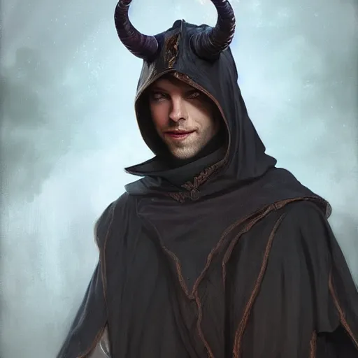 Prompt: portrait of a male tiefling wearing a black hood, smiling, D&D, fantasy, intricate, elegant, highly detailed, digital painting, artstation, concept art, smooth, sharp focus, illustration, art by artgerm and greg rutkowski and alphonse mucha