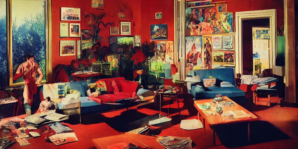 Image similar to detailed sharp photograph in the style of popular science circa 1 9 5 5 and gregory crewdson of a 1 9 5 0 s living room with art by leroy neiman