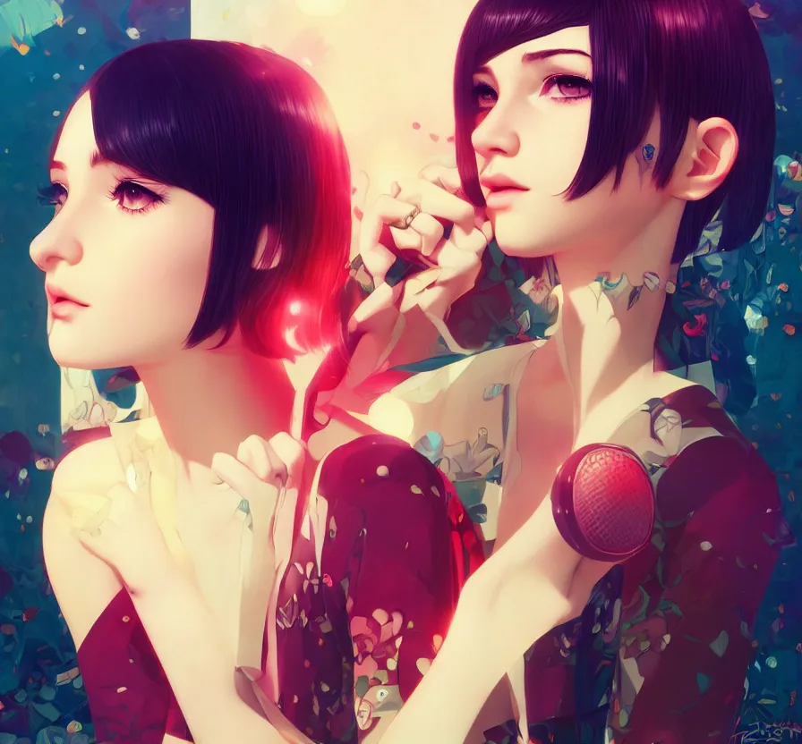 Image similar to a beautiful young british alternative music singer. optical illusion art by ilya kuvshinov lois van baarle ross tran range murata artgerm katsuhiro otomo norman rockwell. highly detailed intricately sharp focus mystically trending deviantart, pinterest, vogue italia, unreal engine 5, 4 k uhd image