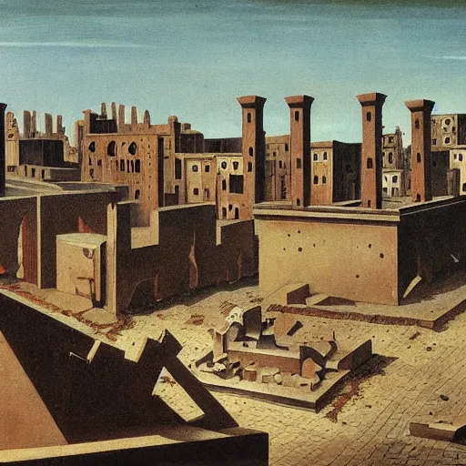 Prompt: the ruins of an old overgrown city at the end of times painting by de chirico