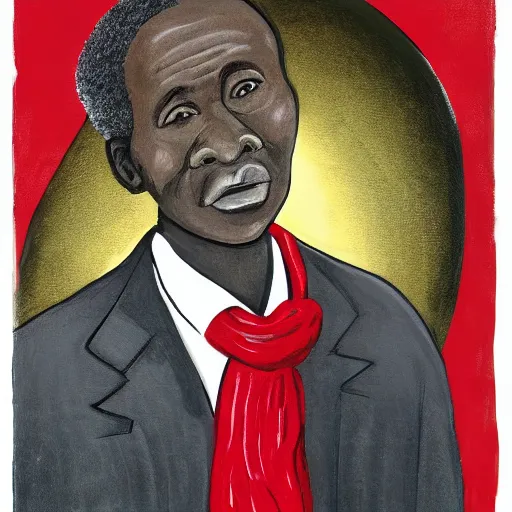 Image similar to a painting of a loving, caring fatherly wide forehead, aquiline nose, round face, XXL , generous, ever-present, humble, wise elder from Kenya in a silver suit and red tie, by Kara Walker . Fatherly/daddy, focused, loving, leader, relaxed. Gold background, heavenly lights, details, smooth, sharp focus, illustration, realistic, cinematic, artstation, award winning, rgb , unreal engine, octane render, cinematic light, macro, depth of field, blur, light and clouds, highly detailed epic cinematic concept art CG render made in Maya, Blender and Photoshop, octane render, excellent composition, dynamic dramatic cinematic lighting, aesthetic, very inspirational, arthouse.