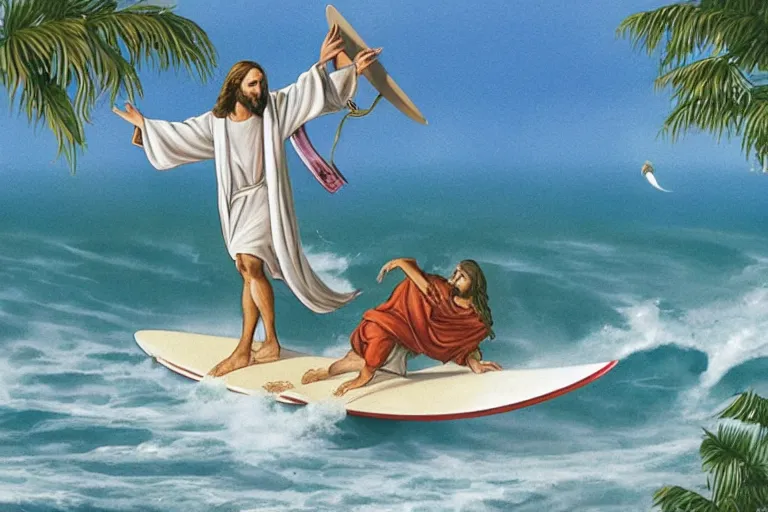 Image similar to jesus surfing the vibe wave