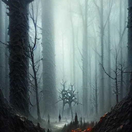 Prompt: art in the styles of greg rutkowski and thomas kinkade, Trending on artstation. A twisted enchanted forest where the trees appear to be made of bone, intricately detailed