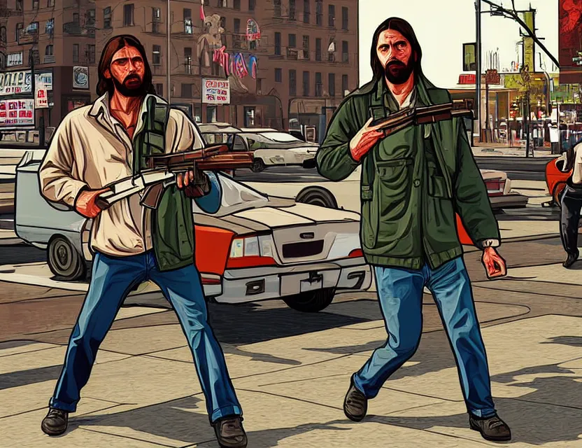 Image similar to illustration of jesus carrying an ak 4 7 in dimes square new york city in the style of gta v artwork, stephen bliss, highly detailed