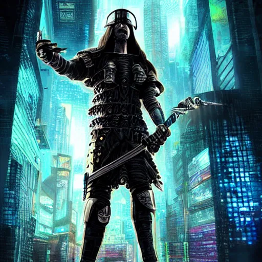 Image similar to cyberpunk warrior with fantasy sword