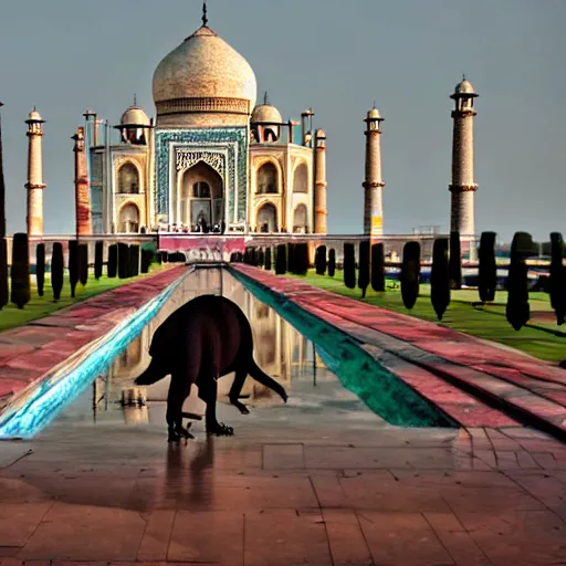 Prompt: a photo of t-rex roaming around the Taj Mahal long shot iso 100_