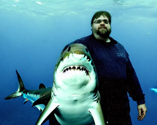 Prompt: a man standing next to a shark in the water, a stock photo by guillermo del toro, featured on reddit, realism, nightmare, ominous, associated press photo