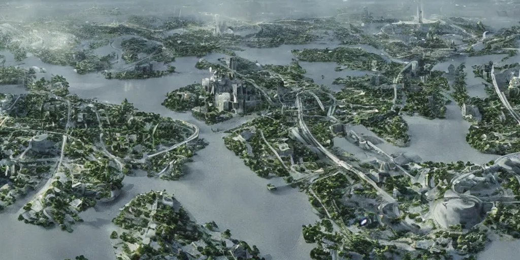 Image similar to the future capital city of liberland, epic scene from vfx scifi by christopher nolan