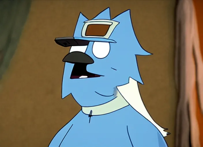 Image similar to film still of mordecai from regular show in the new scifi movie, 4 k