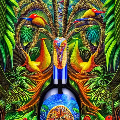 Prompt: visionary art, rainforest trapped within a bottle, with great birds, rich geometry, precise and incredibly highly detailed intricate 8 k wallpaper, john stephens, lisa frank, intricate stunning award winning masterpiece trending on artstation