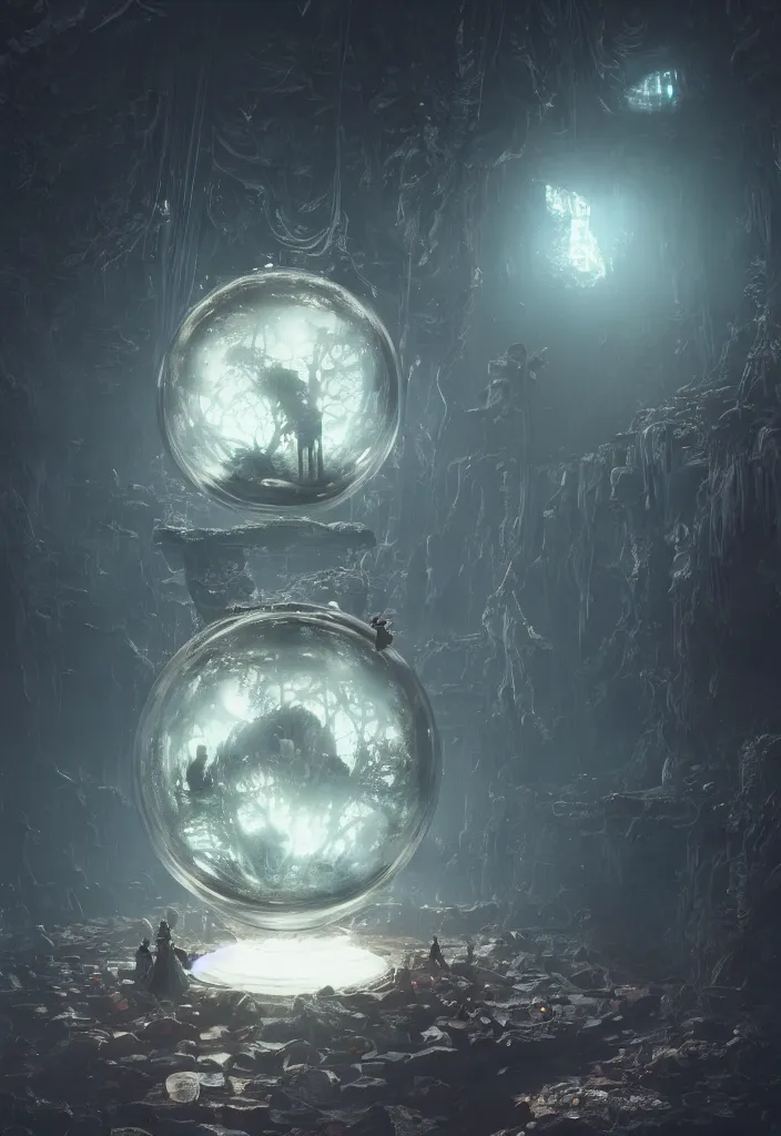 Image similar to a tiny world inside a crystal ball by greg rutkowski, sung choi, mitchell mohrhauser, maciej kuciara, johnson ting, maxim verehin, peter konig, bloodborne, 8 k photorealistic, cinematic lighting, hd, high details, dramatic, dark atmosphere, trending on artstation