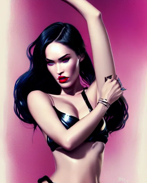 Image similar to 3 d cyperpunk megan fox with dark eye makeup and pink glossy lipstick, chrome bikini, long windblown black hair, seductive camisole, pinup, intricate, glamorous fashion pose, sharp focus, illustration, highly detailed, digital painting, concept art, art by wlop, arney freytag, charlie bowater, loish