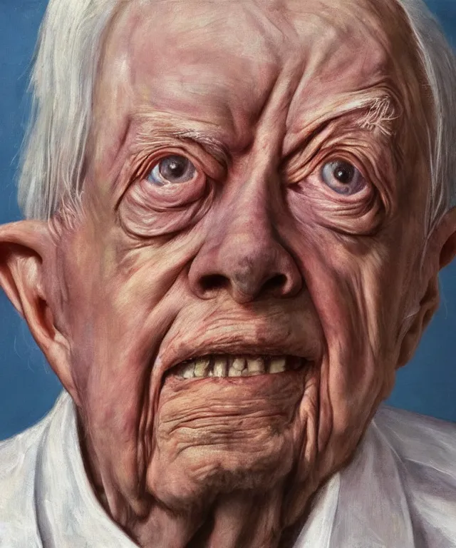 Image similar to hyperrealistic close up studio portrait of aging old Jimmy Carter age 103 wrinkled sorrowful, oil painting by Ivan Albright and Lucian Freud and Ron Mueck, trending on artstation Studio lighting hyperrealism