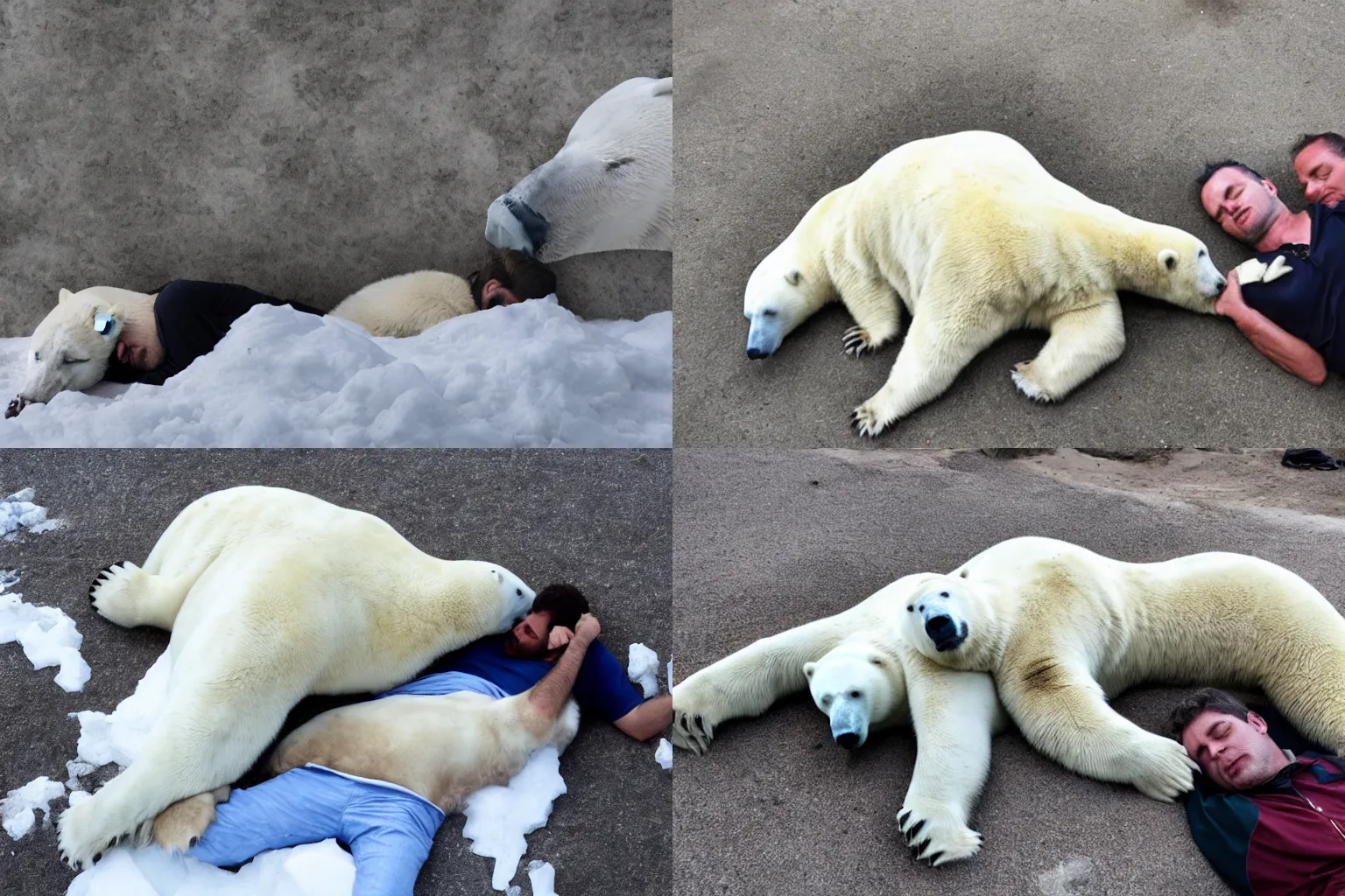 Prompt: man sleeping next to a polar bear