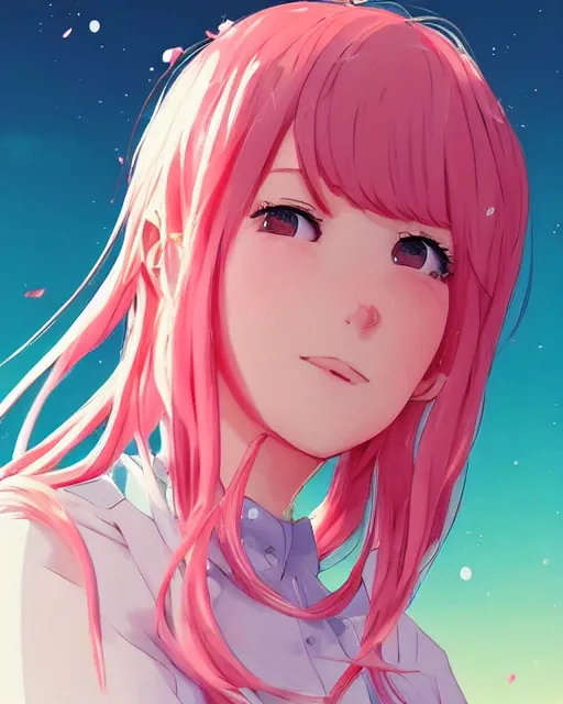 Prompt: happy teenage girl side face with pink curly pastel hair .Many single strips of hair floating in the air. Bright big eyes. Fine particles of red leaves.，cute, anime wallpaper，Sunlight on the face.by Krenz Cushart, Ian McQue, Ilya Kuvshinov, CloverWorks.vivid color.Shining highlights