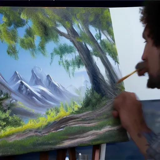 Image similar to a closeup photorealistic photograph of bob ross working on a canvas painting of spiderman. film still. brightly lit scene. mountains and trees. this 4 k hd image is trending on artstation, featured on behance, well - rendered, extra crisp, features intricate detail, epic composition and the style of unreal engine.