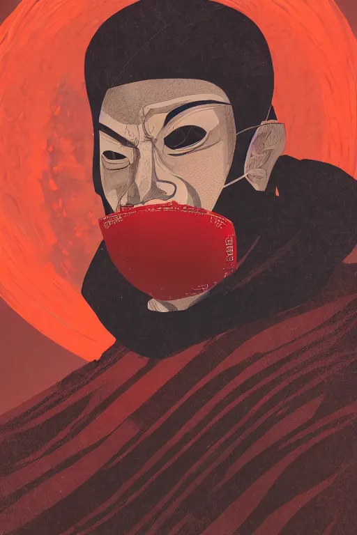 Image similar to portrait of a man with a mask on his face in the form of a spiral in a golden kimono, full face, against the background of a bright red moon, sad motif, ilya kuvshinov, dramatic, soft colors, futuristic, 8 k