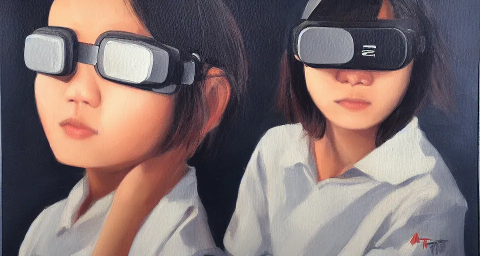 Prompt: a gen z teenage asian girl wearing vr googles, aged desaturated oil painting by mai trung thu