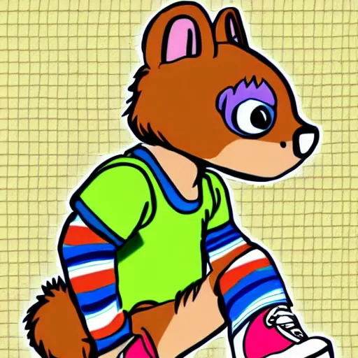 Prompt: Furry character of a weasel in shortalls and colorful sneakers, attending first day of kindergarten, digital art, high quality, one panel comic, deviantart