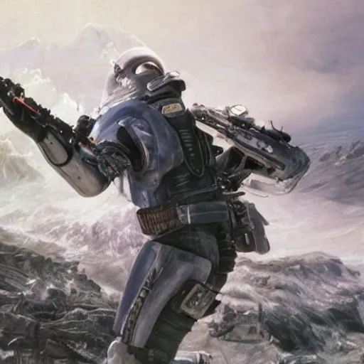 Image similar to photograph of an stern old man wearing futuristic gray heavy exosuit armor with navy blue detailing holding a white plastoid shield in his left hand and a blaster in his right hand. in the background there is a scifi battle taking place with trenches and force - field generator trucks and laser machineguns on a rolling green plains with snowcapped mountains in the distance. science fiction.