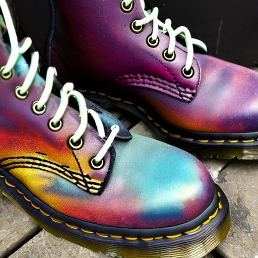 Image similar to a battered old pair of Dr martens boots, boots are blue, laces are multicoloured