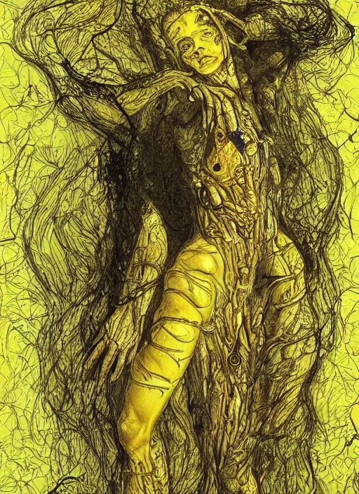 Prompt: masterpiece, emily ratajkowski , bones and veins, biopunk clothes, body horror, yellow glowing background, gustav dore, zdzislaw beksinksi