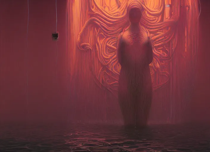 Image similar to face in water, neon, they are watching, RGB, glowing wires everywhere, pristine, by Edgar Maxence and Ross Tran, Zdzisław Beksiński, and Michael Whelan, distant, gustav dore, H.R. Giger, 8k, octane render