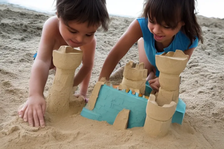 Image similar to two kittens touching a sand castle with two children