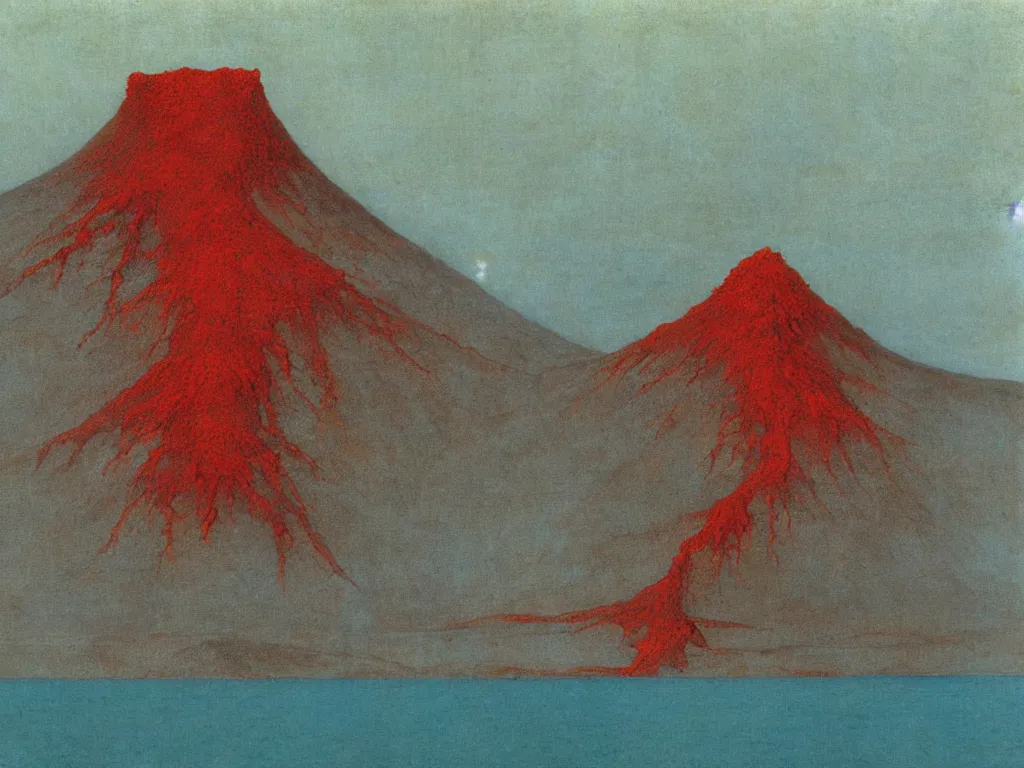 Prompt: Strange volcano made of cinnabar in the middle of the tsunami ocean. Painting by Beksinski, Roger Dean