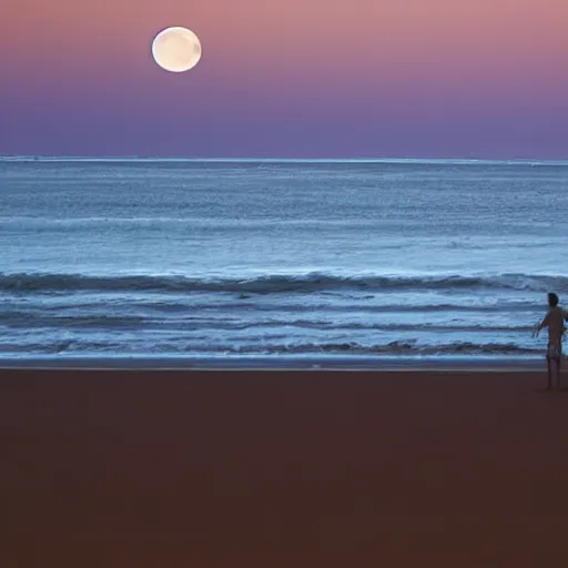 Image similar to silhouette of kermit in front of a full moon, beach horizon