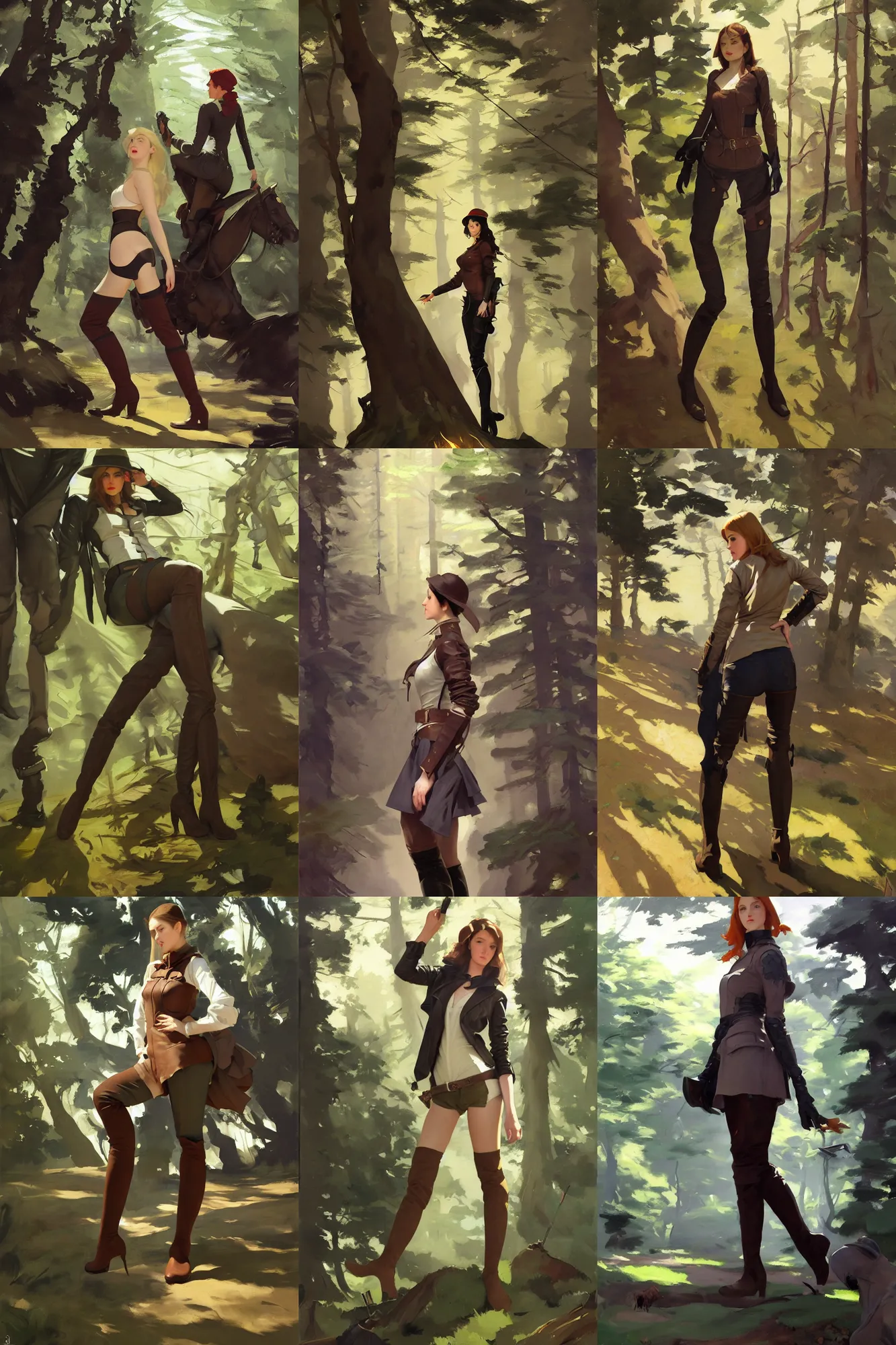 Image similar to cloth fabric jodhpurs knee high boots leather jacket, camping in forest greg manchess painting by sargent and leyendecker, studio ghibli, fantasy, medium shot, asymmetrical, intricate, elegant, matte painting, illustration, hearthstone, by greg rutkowski, by greg tocchini, by james gilleard, by joe fenton