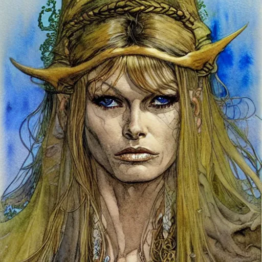 Image similar to a realistic and atmospheric watercolour fantasy character concept art portrait of brigitte bardot as a druidic warrior wizard looking at the camera with an intelligent gaze by rebecca guay, michael kaluta, charles vess and jean moebius giraud