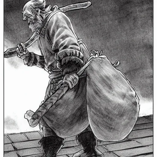 Prompt: “dnd dwarf, carrying big sack, by takehiko inoue, manga”