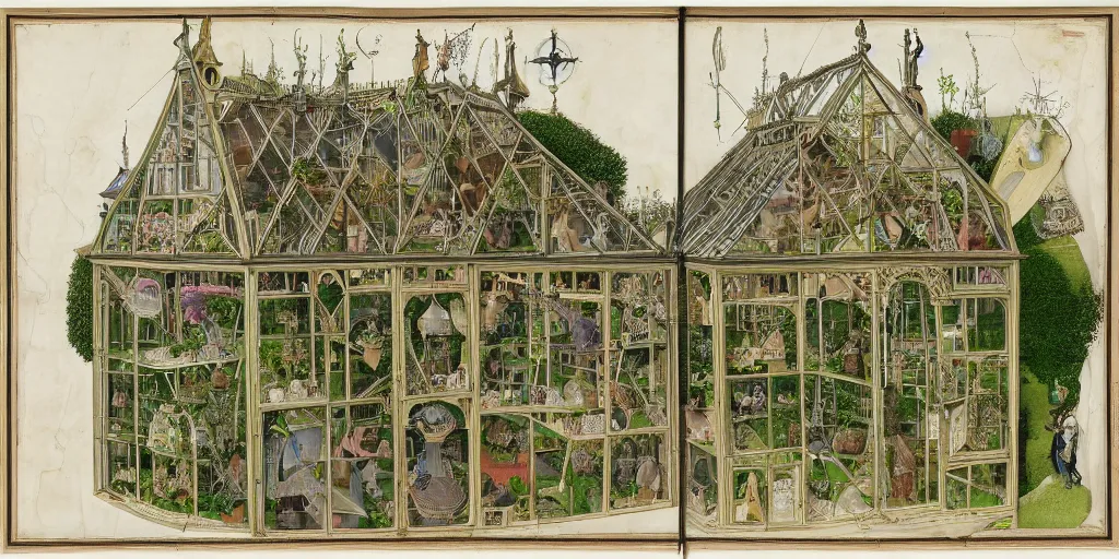 Image similar to greenhouse, side view, cutaway, intricate map diagram, section, insanely detailed, victorian style, hieronymus bosch, 8 k
