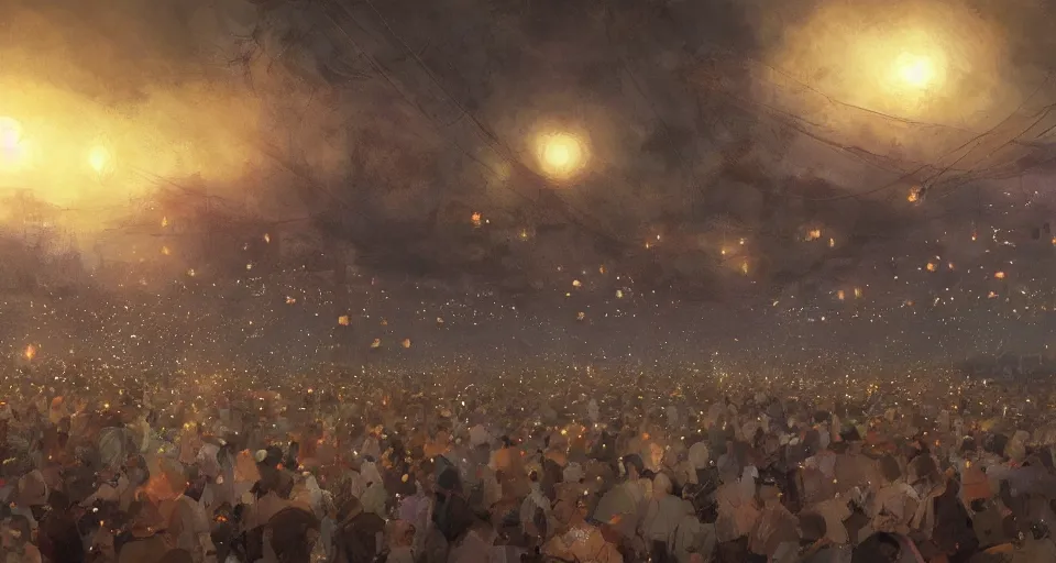 Image similar to craig mullins and ghibli digital art of zhongyuan festival in china ， lanterns in the sky, black night sky, stars, below is the crowd, rivers, villages ， unreal engine, hyper realism, realistic shading, cinematic composition, realistic render, octane render, detailed textures, photorealistic, wide shot