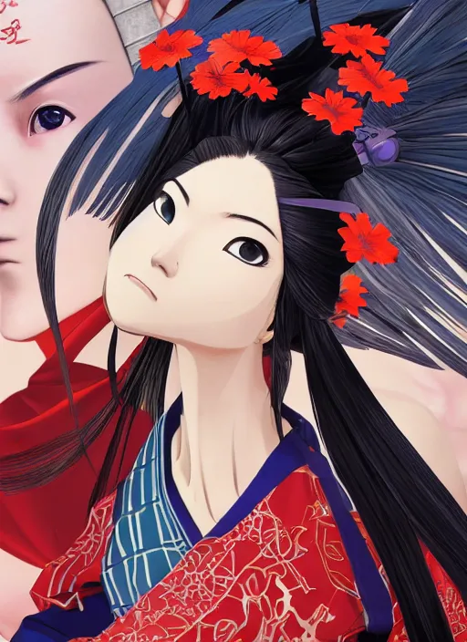 Image similar to portrait of a samurai princess, digital painting masterpiece, advanced lighting technology, stylized yet realistic anatomy and face, gorgeous, by reiq and bengus and akiman and shigenori soejima and bastien vives and balak and michael sanlaville and jamie hewlett, 4 k wallpaper, cinematic, gorgeous brush strokes, coherent and smooth