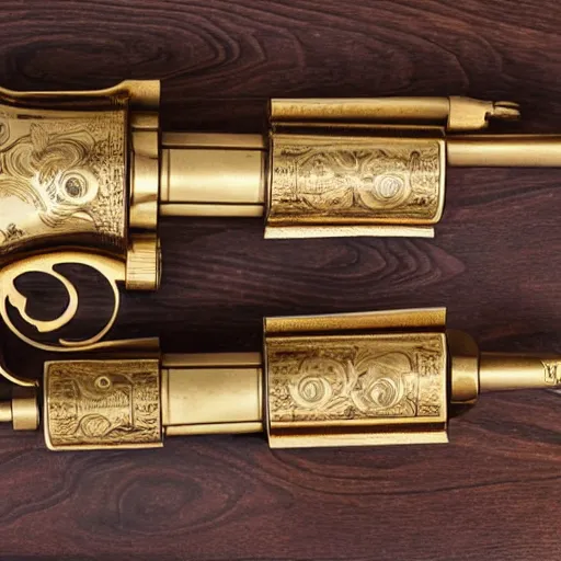 Prompt: golden revolver with engravings laying on a wooden table, high detail, complex