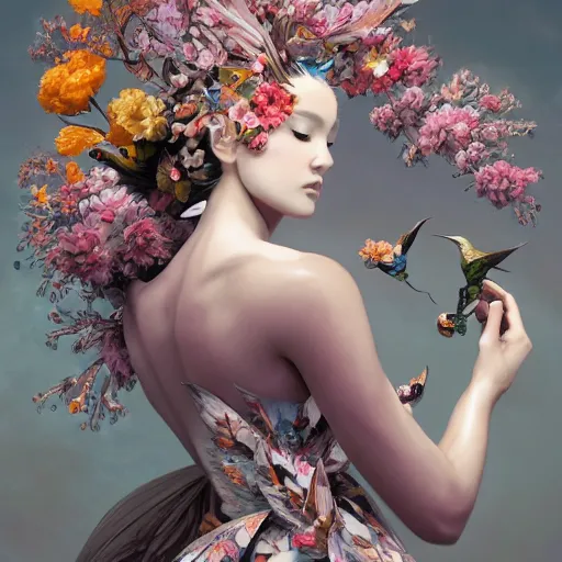 Prompt: 3 / 4 view of a beautiful girl wearing an origami dress, eye - level medium shot, fine floral ornaments in cloth and hair, hummingbirds, elegant, by eiko ishioka, givenchy, tyler edlin, by peter mohrbacher, centered, fresh colors, origami, fashion, detailed illustration, vogue, japanese, reallusion character creator